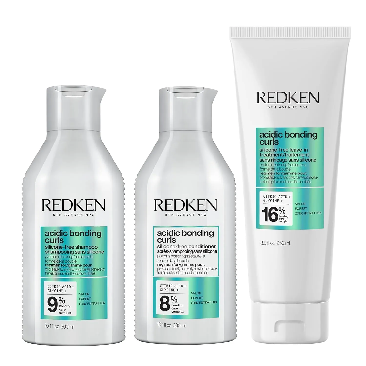 REDKEN Acidic Bonding Curls Shampoo, Conditioner & Leave-In Treatment Set For Coily and Curly Hair - Curl Control   Definition, With Citric Acid, Avocado Oil and Shea Butter, Silicone-Free