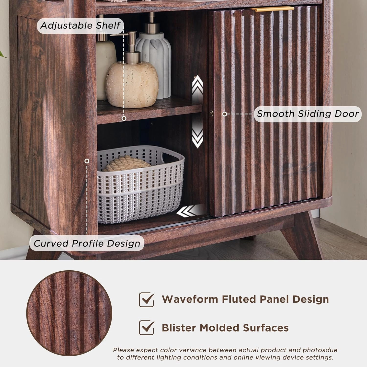 RedLemon Bathroom Floor Cabinet with Sliding Door, Modern Fluted 3 Drawers Storage Organizer with Adjustable Shelf, Curved Profile Design, Walnut