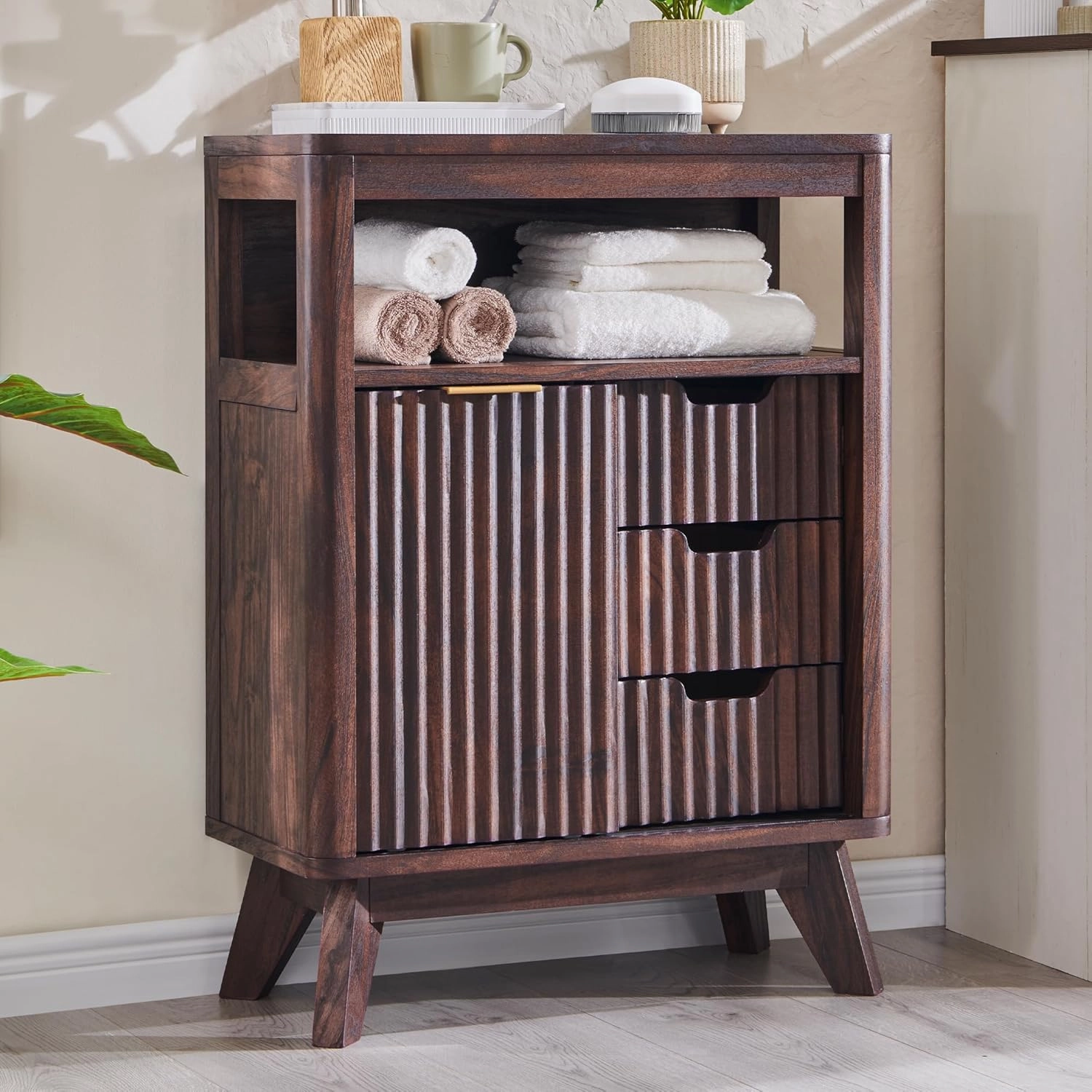 RedLemon Bathroom Floor Cabinet with Sliding Door, Modern Fluted 3 Drawers Storage Organizer with Adjustable Shelf, Curved Profile Design, Walnut