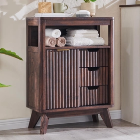 RedLemon Bathroom Floor Cabinet with Sliding Door, Modern Fluted 3 Drawers Storage Organizer with Adjustable Shelf, Curved Profile Design, Walnut