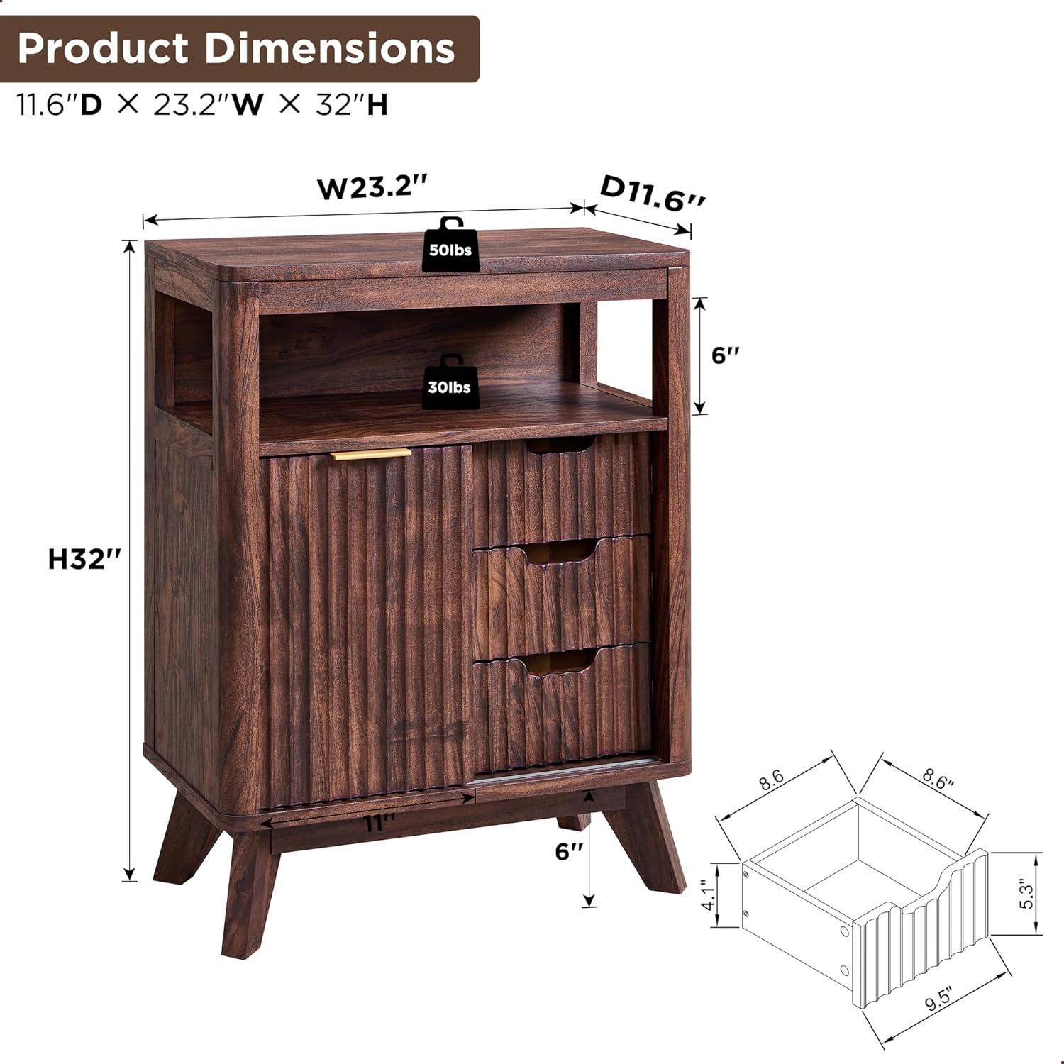 RedLemon Bathroom Floor Cabinet with Sliding Door, Modern Fluted 3 Drawers Storage Organizer with Adjustable Shelf, Curved Profile Design, Walnut