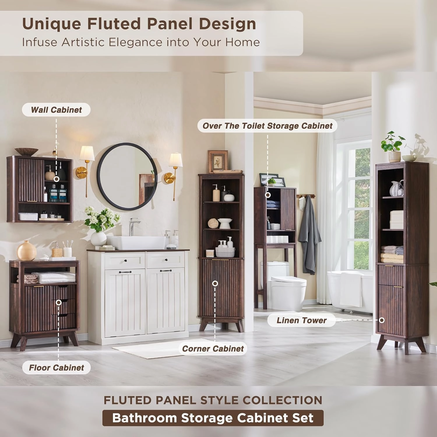 RedLemon Bathroom Floor Cabinet with Sliding Door, Modern Fluted 3 Drawers Storage Organizer with Adjustable Shelf, Curved Profile Design, Walnut