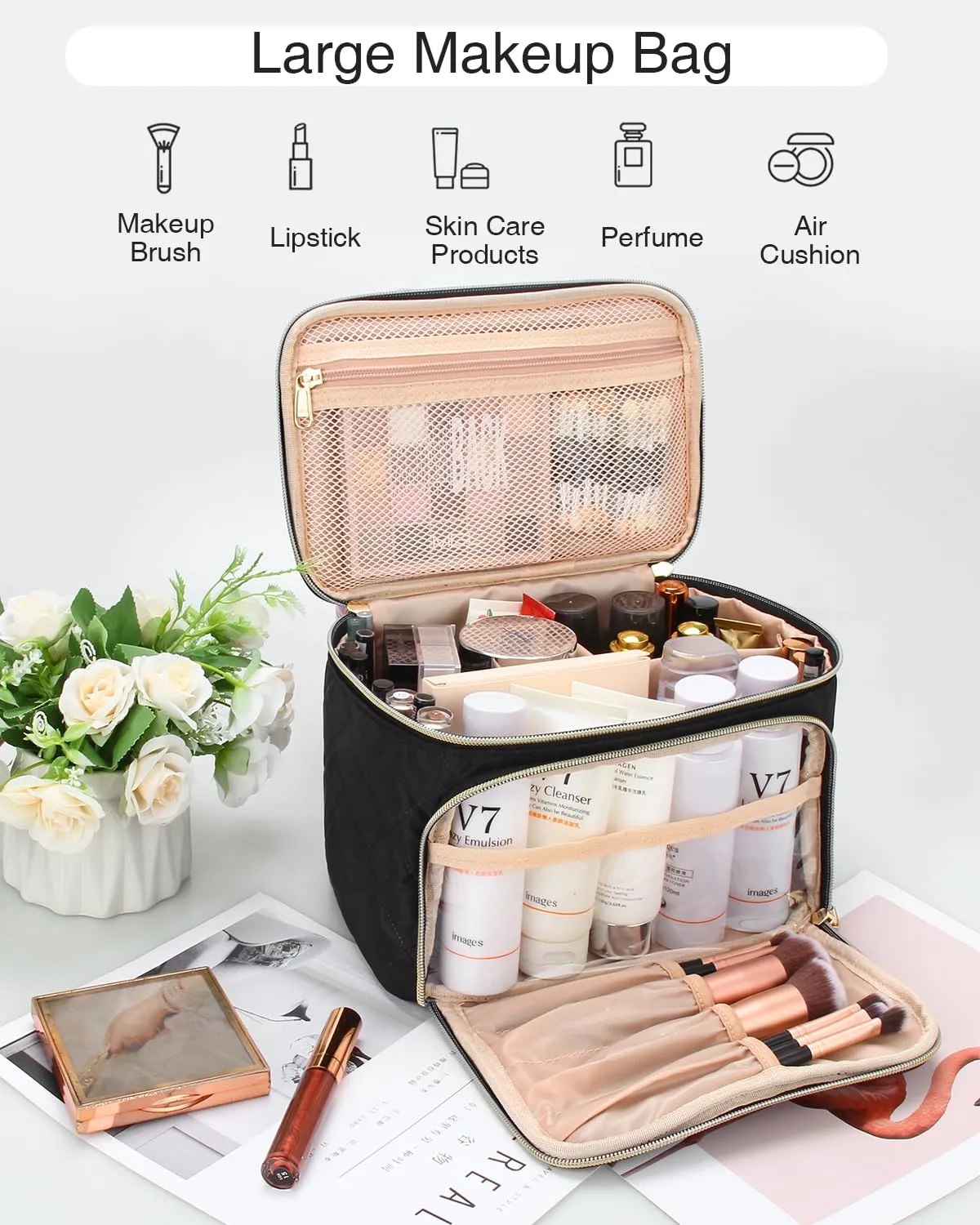 Relavel Makeup Bag, Large Capacity Travel Makeup Bag Organizer, Waterproof Cosmetic Bag with Adjustable Dividers for Women, Make Up Brush Holder Makeup Case with Compartments (Black)