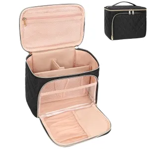 Relavel Makeup Bag, Large Capacity Travel Makeup Bag Organizer, Waterproof Cosmetic Bag with Adjustable Dividers for Women, Make Up Brush Holder Makeup Case with Compartments (Black)