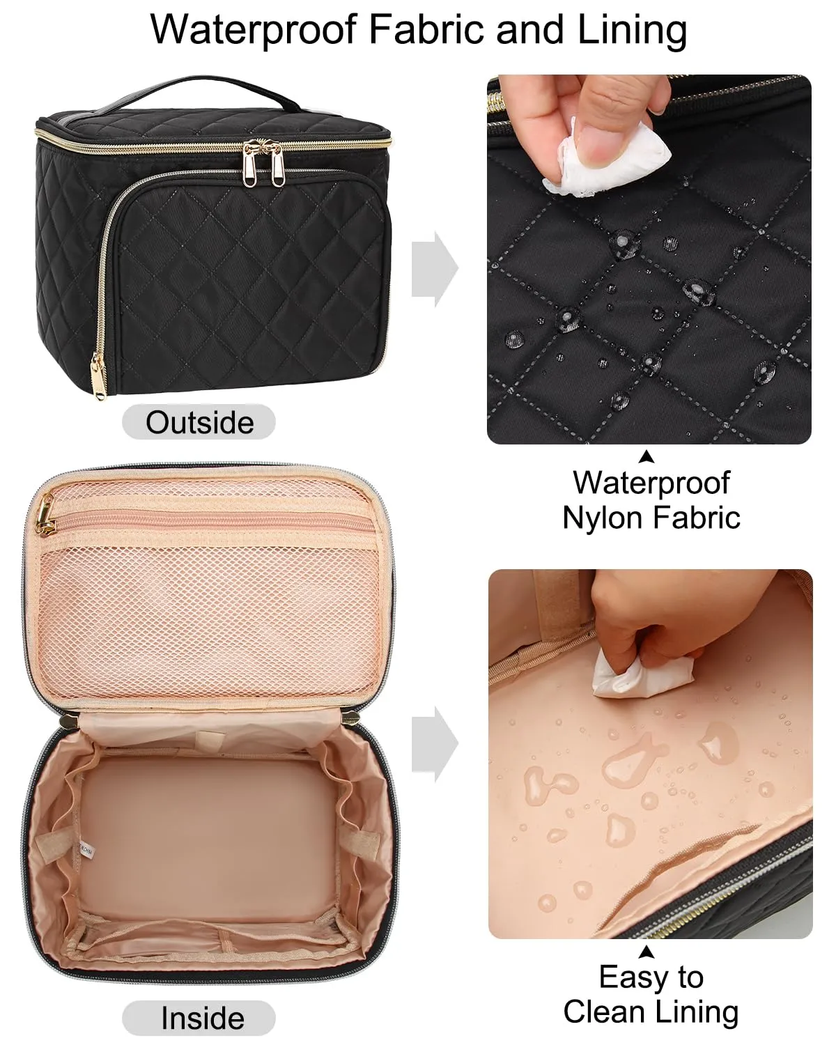 Relavel Makeup Bag, Large Capacity Travel Makeup Bag Organizer, Waterproof Cosmetic Bag with Adjustable Dividers for Women, Make Up Brush Holder Makeup Case with Compartments (Black)