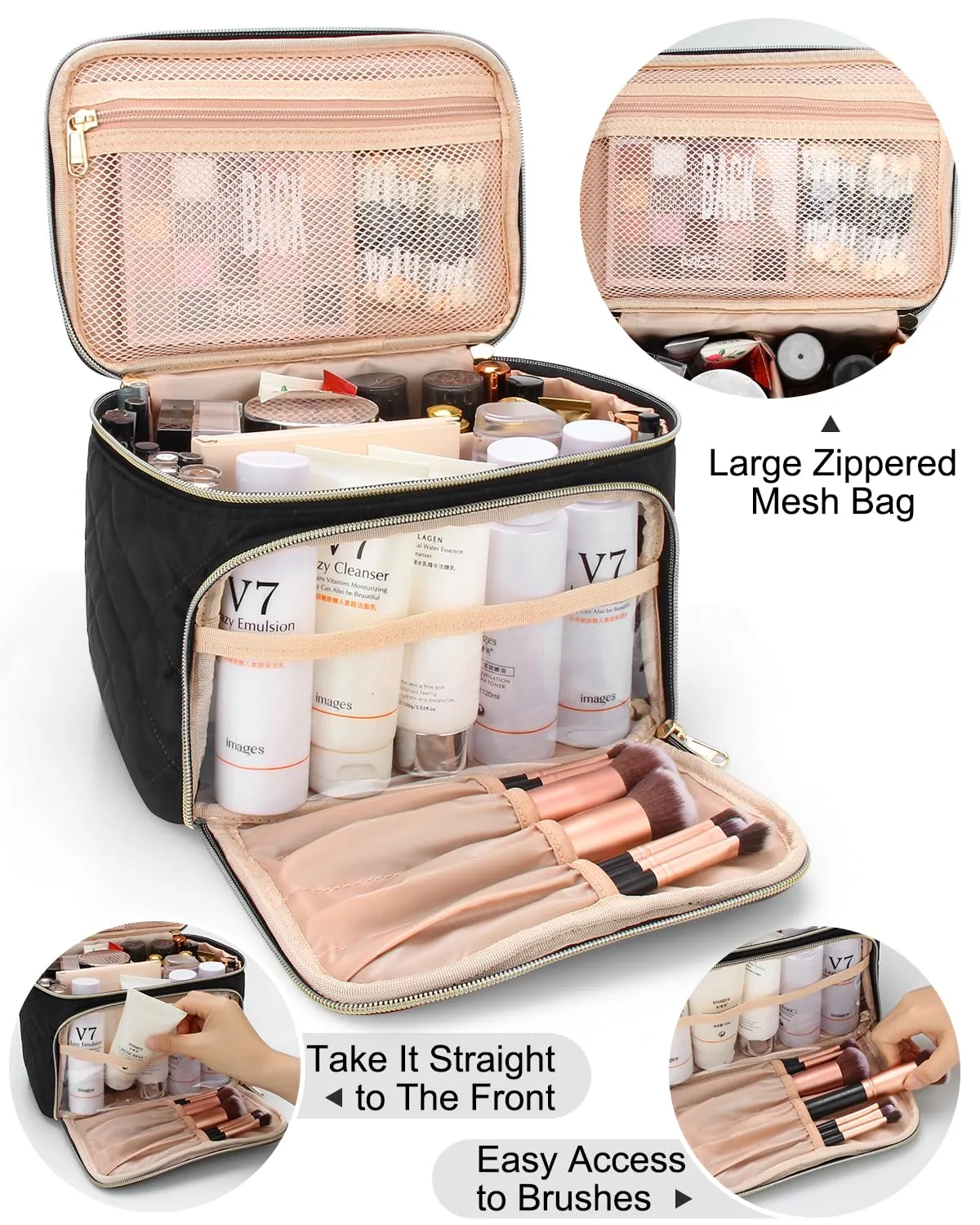 Relavel Makeup Bag, Large Capacity Travel Makeup Bag Organizer, Waterproof Cosmetic Bag with Adjustable Dividers for Women, Make Up Brush Holder Makeup Case with Compartments (Black)