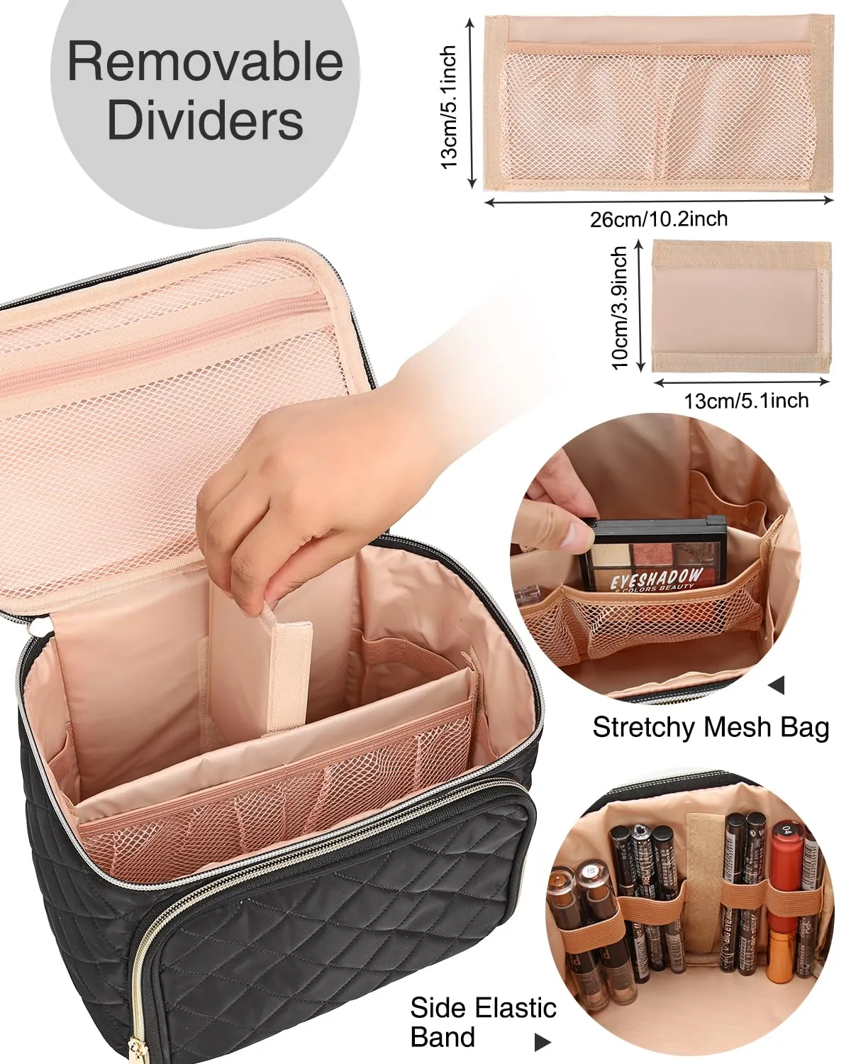 Relavel Makeup Bag, Large Capacity Travel Makeup Bag Organizer, Waterproof Cosmetic Bag with Adjustable Dividers for Women, Make Up Brush Holder Makeup Case with Compartments (Black)