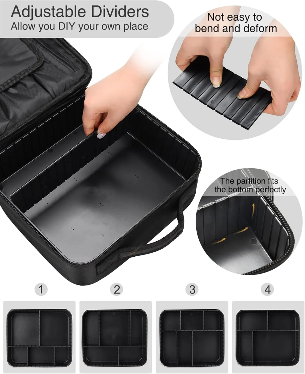 Relavel Makeup Bag, Makeup Organizer Bag Travel Train Case Portable Cosmetic Artist Storage Bag with Adjustable Baffle for Makeup Brush Jewelry (Black)