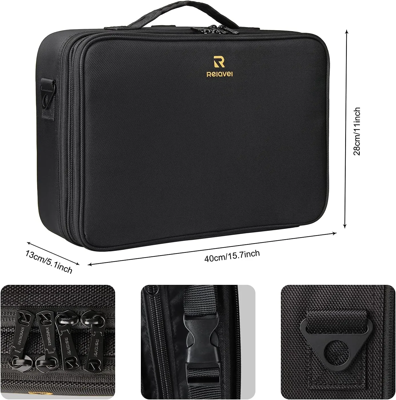 Relavel Makeup Case Large Makeup Bag Professional Train Case 16.5 inches Travel Cosmetic Organizer Brush Holder Waterproof Makeup Artist Storage Box, 3 Layer Large Capacity, with Adjustable Strap