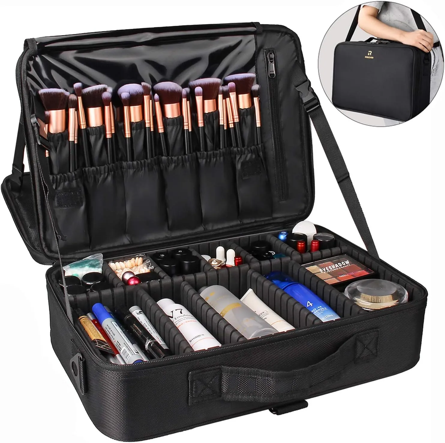 Relavel Makeup Case Large Makeup Bag Professional Train Case 16.5 inches Travel Cosmetic Organizer Brush Holder Waterproof Makeup Artist Storage Box, 3 Layer Large Capacity, with Adjustable Strap