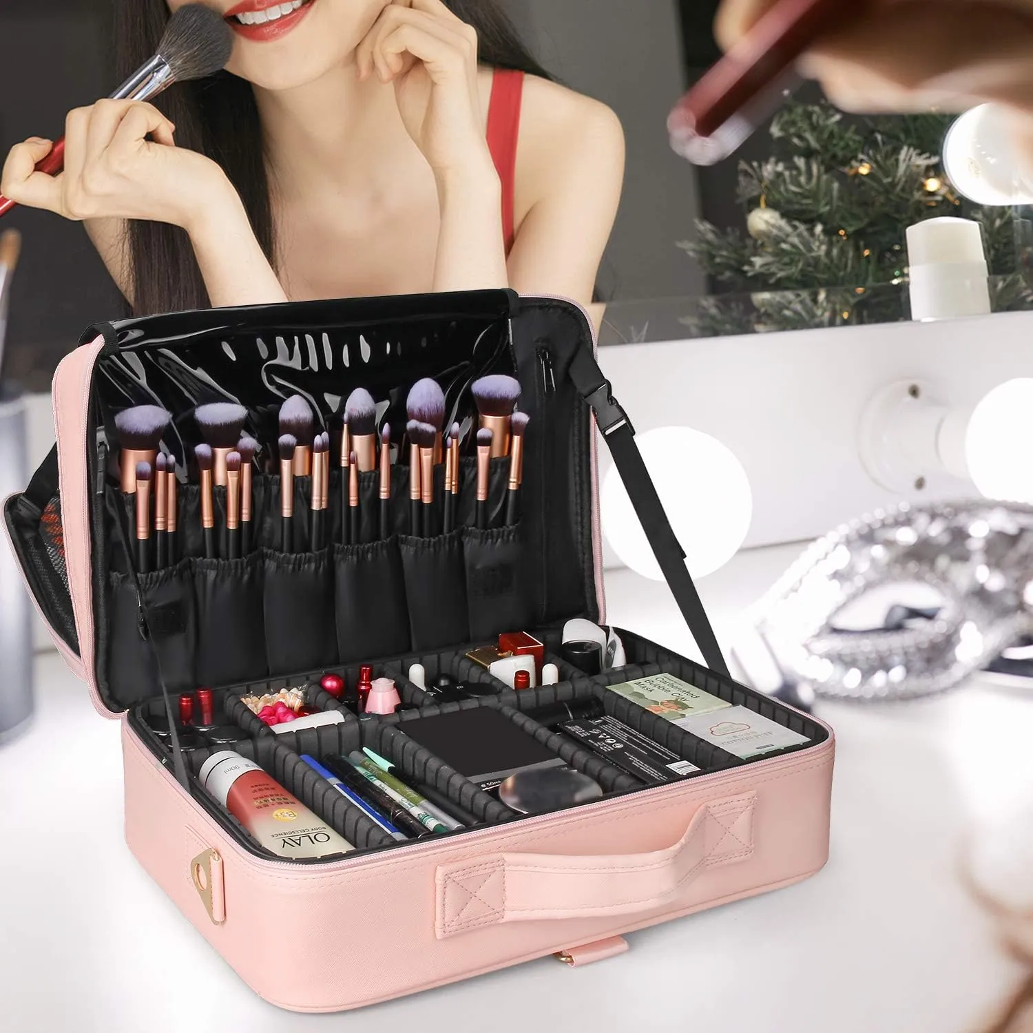 Relavel Makeup Case Large Makeup Bag Professional Train Case 16.5 inches Travel Cosmetic Organizer Brush Holder Waterproof Makeup Artist Storage Box, 3 Layer Large with Adjustable Strap (Pink)