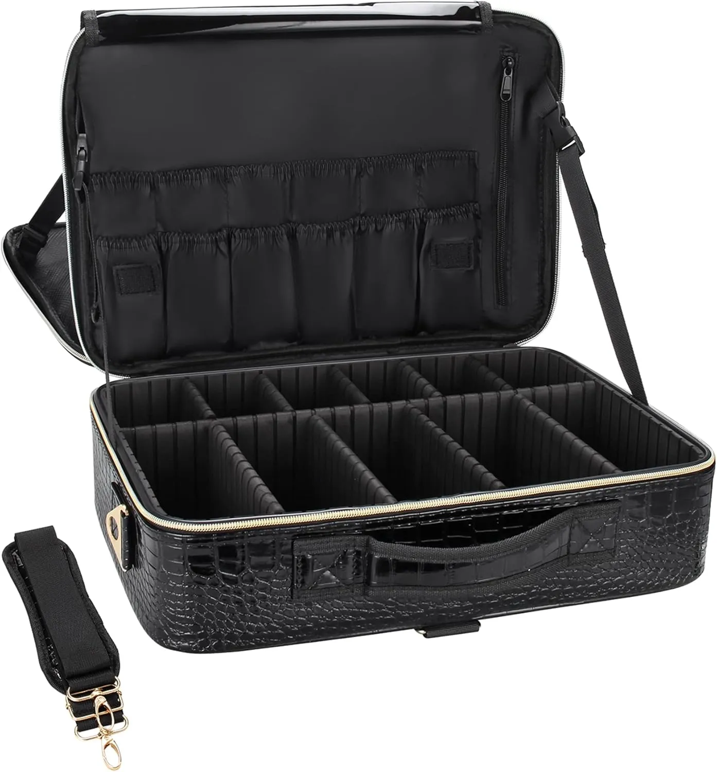 Relavel Makeup Case Large Makeup Bag Professional Train Case 16.5 inches Travel Cosmetic Organizer Brush Holder Waterproof Makeup Artist Storage Box, Large Capacity (Crocodile Pattern, Large)