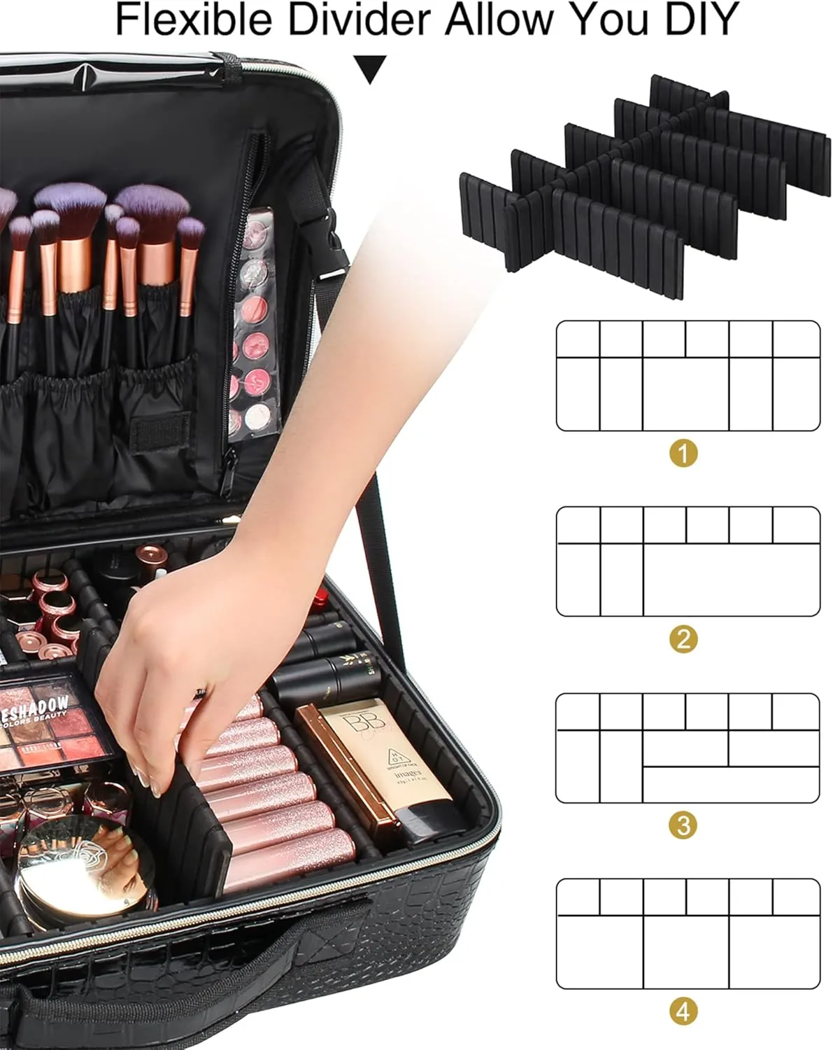 Relavel Makeup Case Large Makeup Bag Professional Train Case 16.5 inches Travel Cosmetic Organizer Brush Holder Waterproof Makeup Artist Storage Box, Large Capacity (Crocodile Pattern, Large)