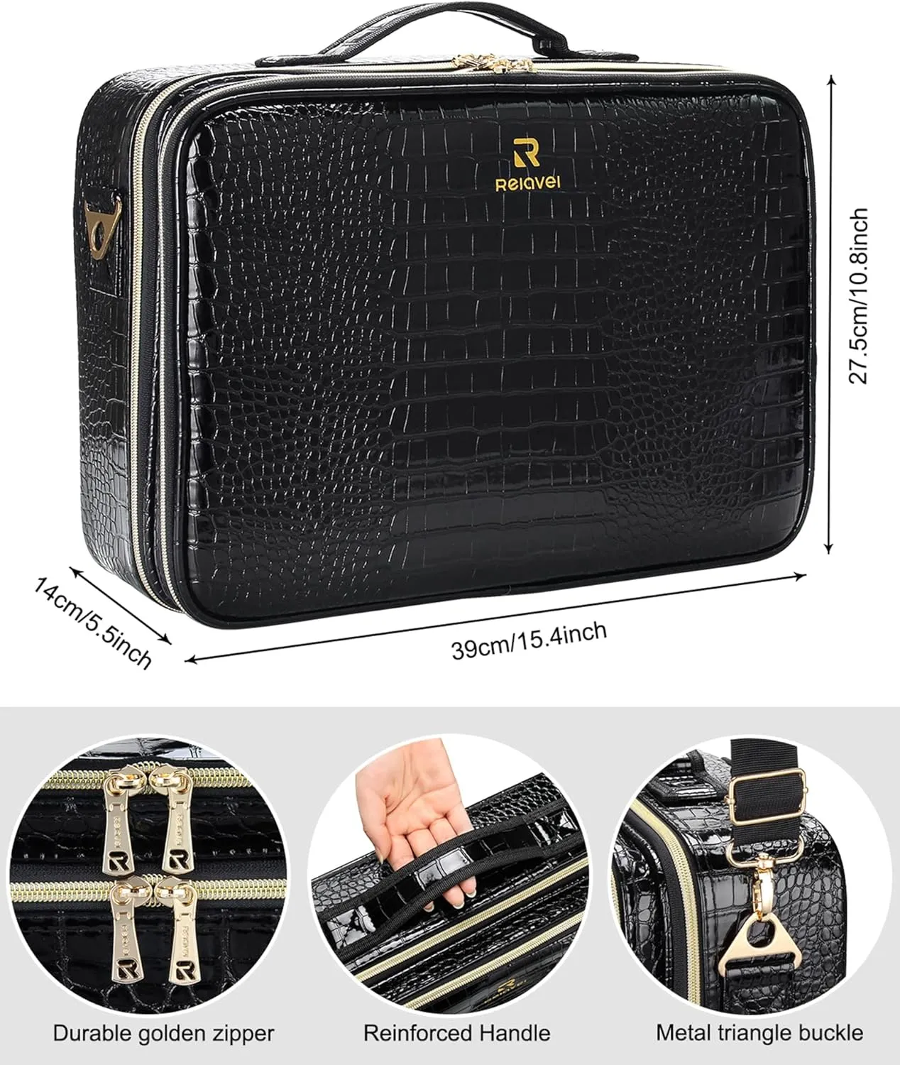 Relavel Makeup Case Large Makeup Bag Professional Train Case 16.5 inches Travel Cosmetic Organizer Brush Holder Waterproof Makeup Artist Storage Box, Large Capacity (Crocodile Pattern, Large)