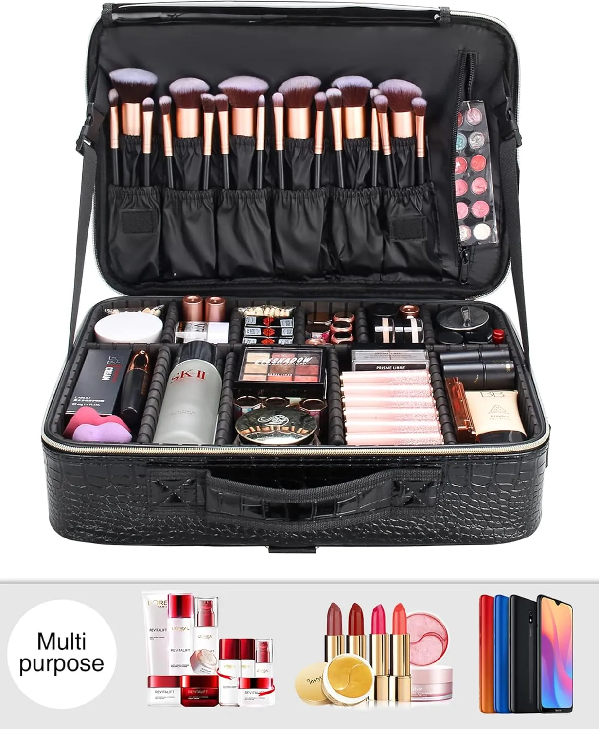 Relavel Makeup Case Large Makeup Bag Professional Train Case 16.5 inches Travel Cosmetic Organizer Brush Holder Waterproof Makeup Artist Storage Box, Large Capacity (Crocodile Pattern, Large)