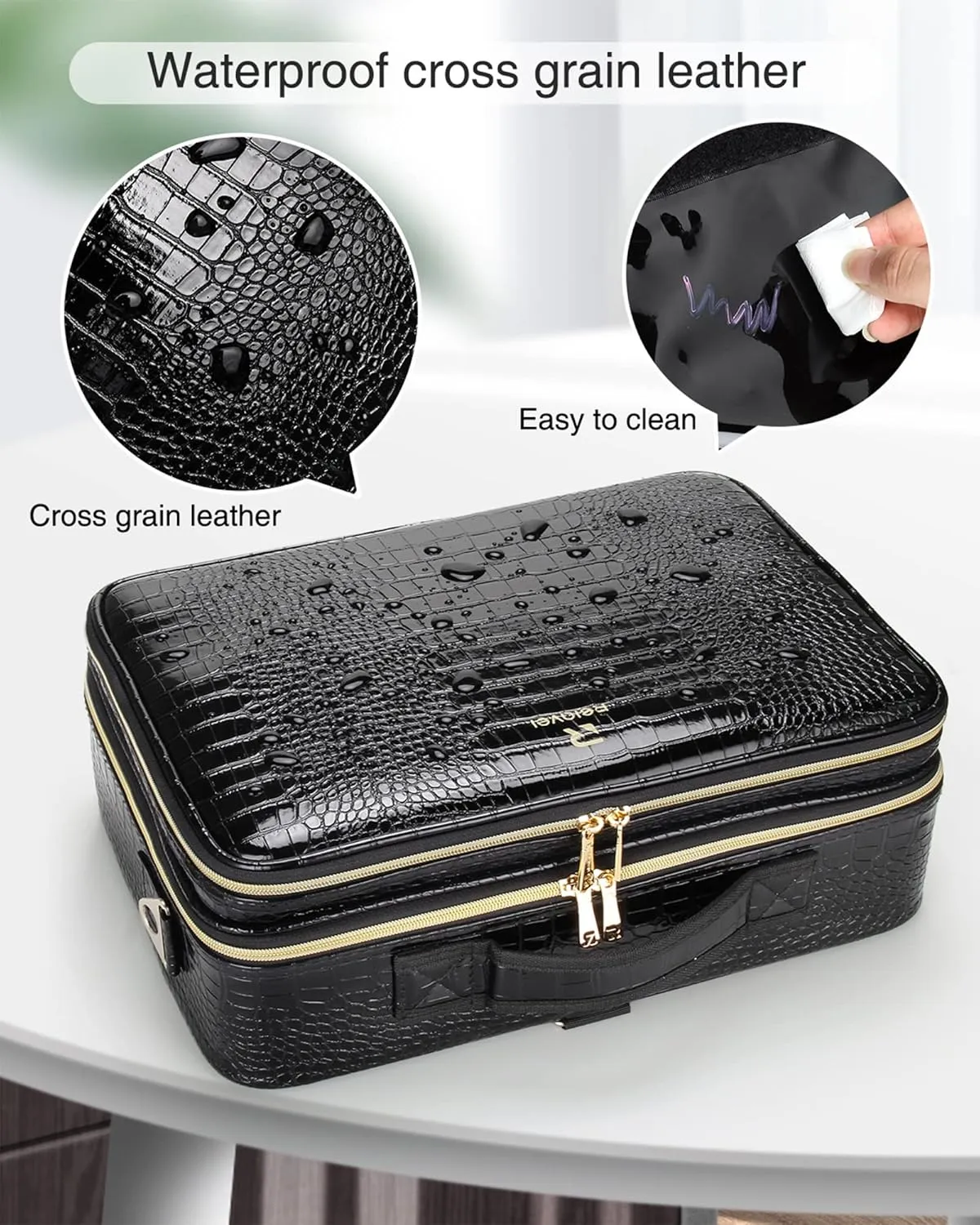 Relavel Makeup Case Large Makeup Bag Professional Train Case 16.5 inches Travel Cosmetic Organizer Brush Holder Waterproof Makeup Artist Storage Box, Large Capacity (Crocodile Pattern, Large)