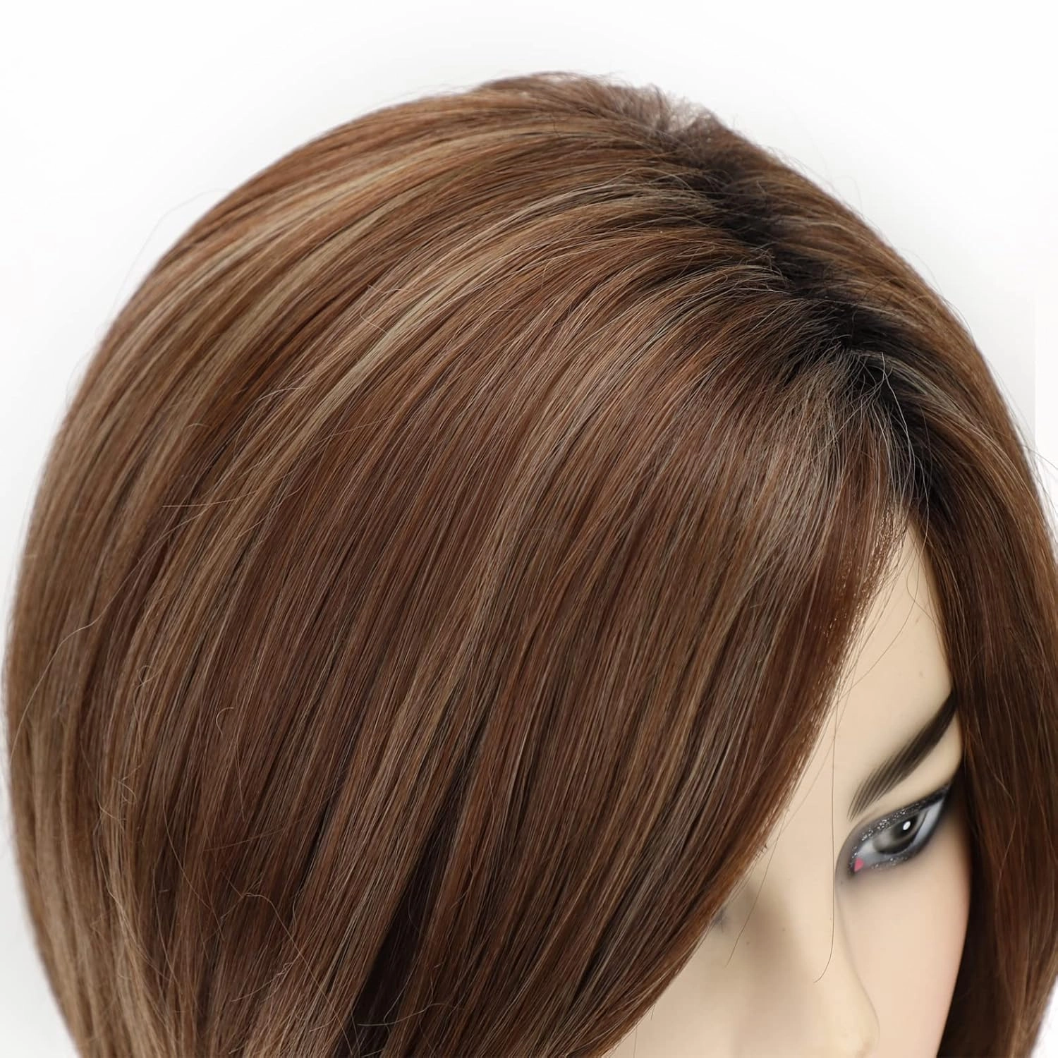 RENERSHOW Ombre Blonde Highlights Bob Short Wigs for White Women Mixed Brown Synthetic Wig Strawberry Blonde Medium Length Wigs Straight Bob
