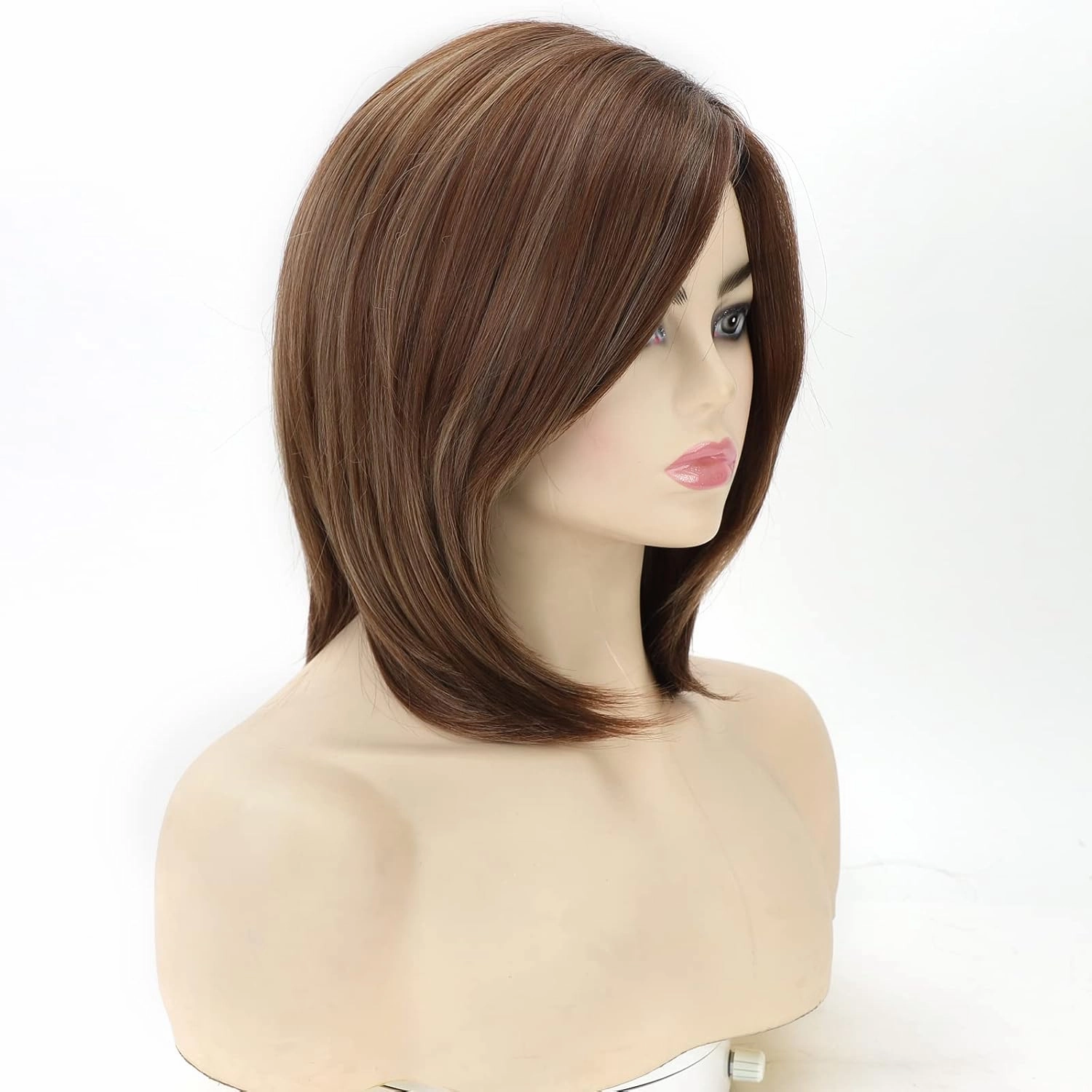 RENERSHOW Ombre Blonde Highlights Bob Short Wigs for White Women Mixed Brown Synthetic Wig Strawberry Blonde Medium Length Wigs Straight Bob