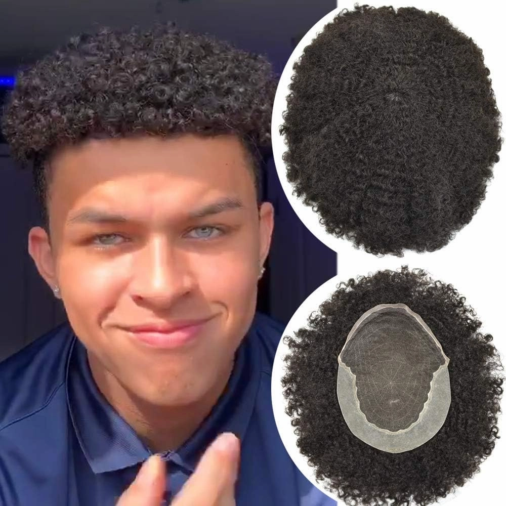 RESHE Afro Hair Unit for Black Men Afro Toupee Hair System for Black Men Brazilian Real Human Hair Toupee Transparent HD Lace Afro Hair Piece 8X10 10MM #1 JET BLACK