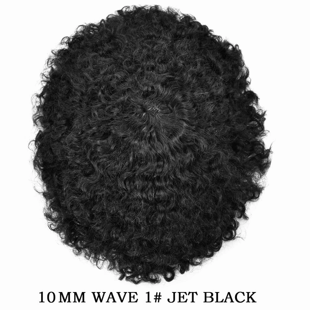 RESHE Afro Hair Unit for Black Men Afro Toupee Hair System for Black Men Brazilian Real Human Hair Toupee Transparent HD Lace Afro Hair Piece 8X10 10MM #1 JET BLACK