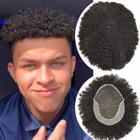 RESHE Afro Hair Unit for Black Men Afro Toupee Hair System for Black Men Brazilian Real Human Hair Toupee Transparent HD Lace Afro Hair Piece 8X10 10MM #1 JET BLACK