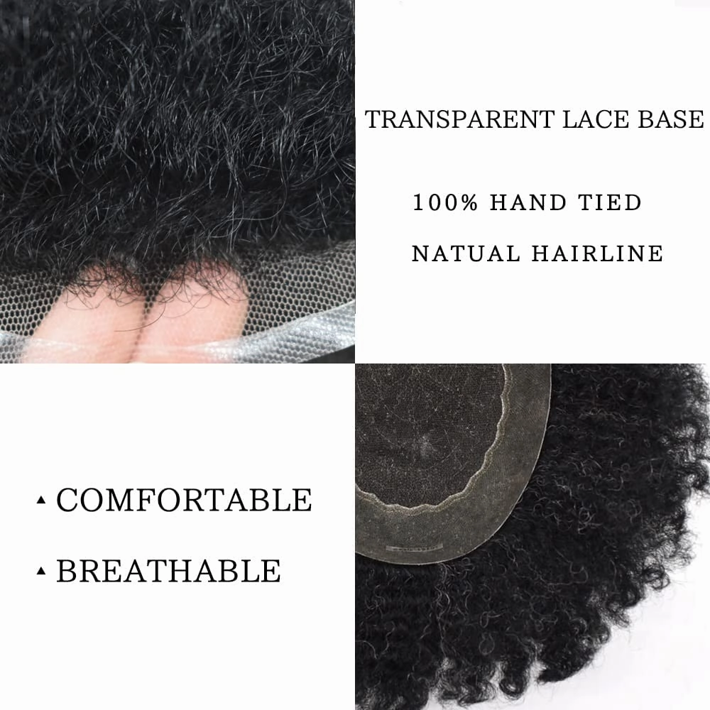 RESHE Afro Hair Unit for Black Men Afro Toupee Hair System for Black Men Brazilian Real Human Hair Toupee Transparent HD Lace Afro Hair Piece 8X10 10MM #1 JET BLACK