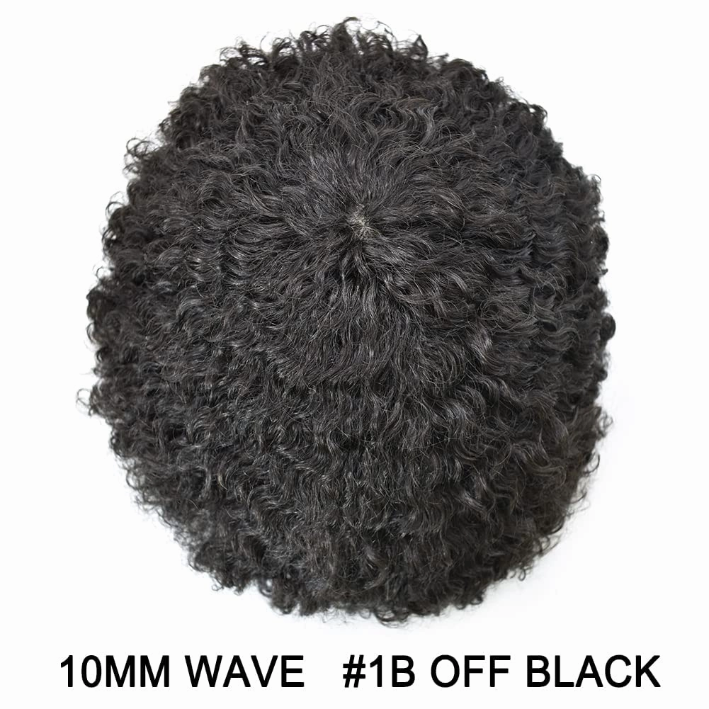 RESHE Afro Hair Unit for Black Men Afro Toupee Hair System for Black Men Brazilian Real Human Hair Toupee Transparent HD Lace Afro Hair Piece 8X10 10MM #1B OFF BLACK