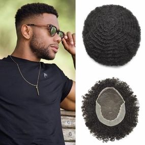 RESHE Afro Hair Unit for Black Men Afro Toupee Hair System for Black Men Brazilian Real Human Hair Toupee Transparent HD Lace Afro Hair Piece 8X10 10MM #1B OFF BLACK