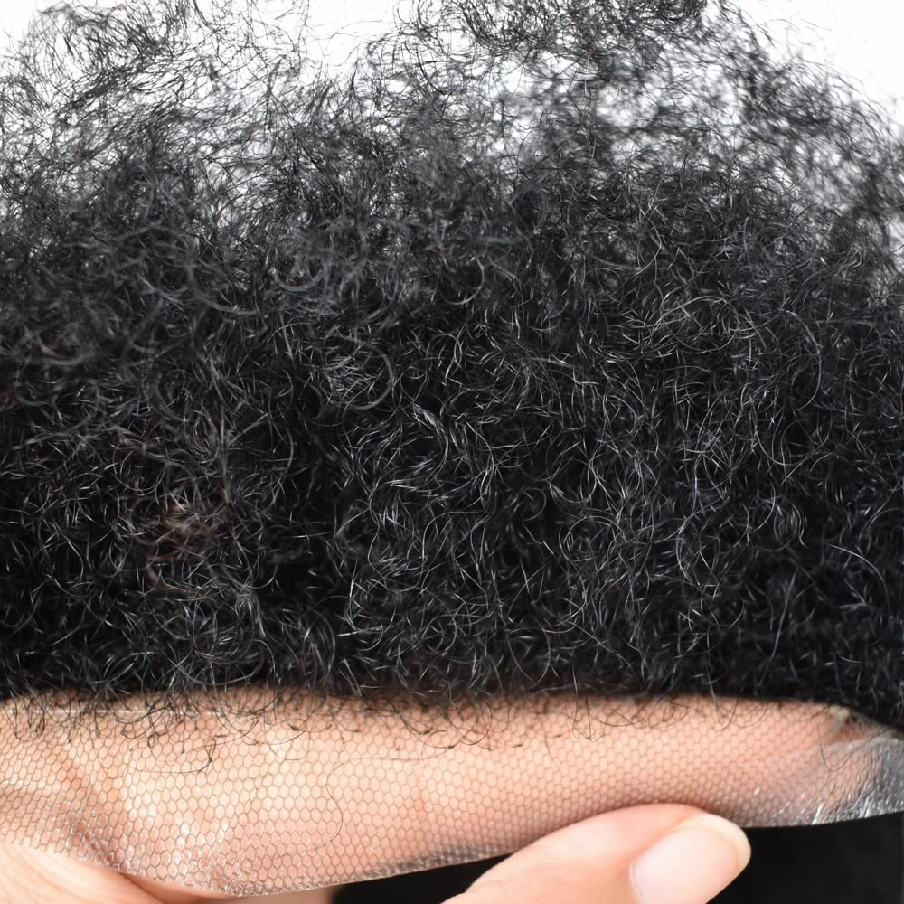 RESHE Afro Hair Unit for Black Men Afro Toupee Hair System for Black Men Brazilian Real Human Hair Toupee Transparent HD Lace Afro Hair Piece 8X10 10MM #1B OFF BLACK