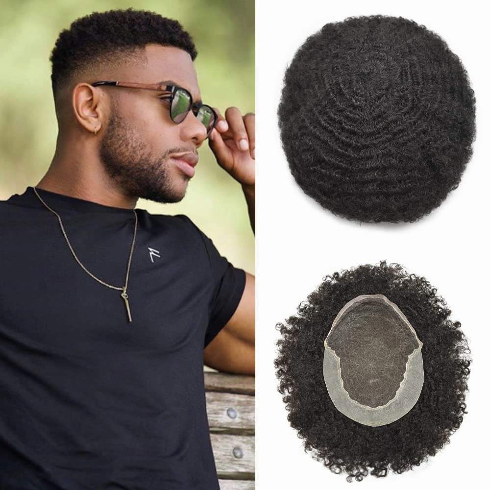 RESHE Afro Hair Unit for Black Men Afro Toupee Hair System for Black Men Brazilian Real Human Hair Toupee Transparent HD Lace Afro Hair Piece 8X10 10MM #1B OFF BLACK