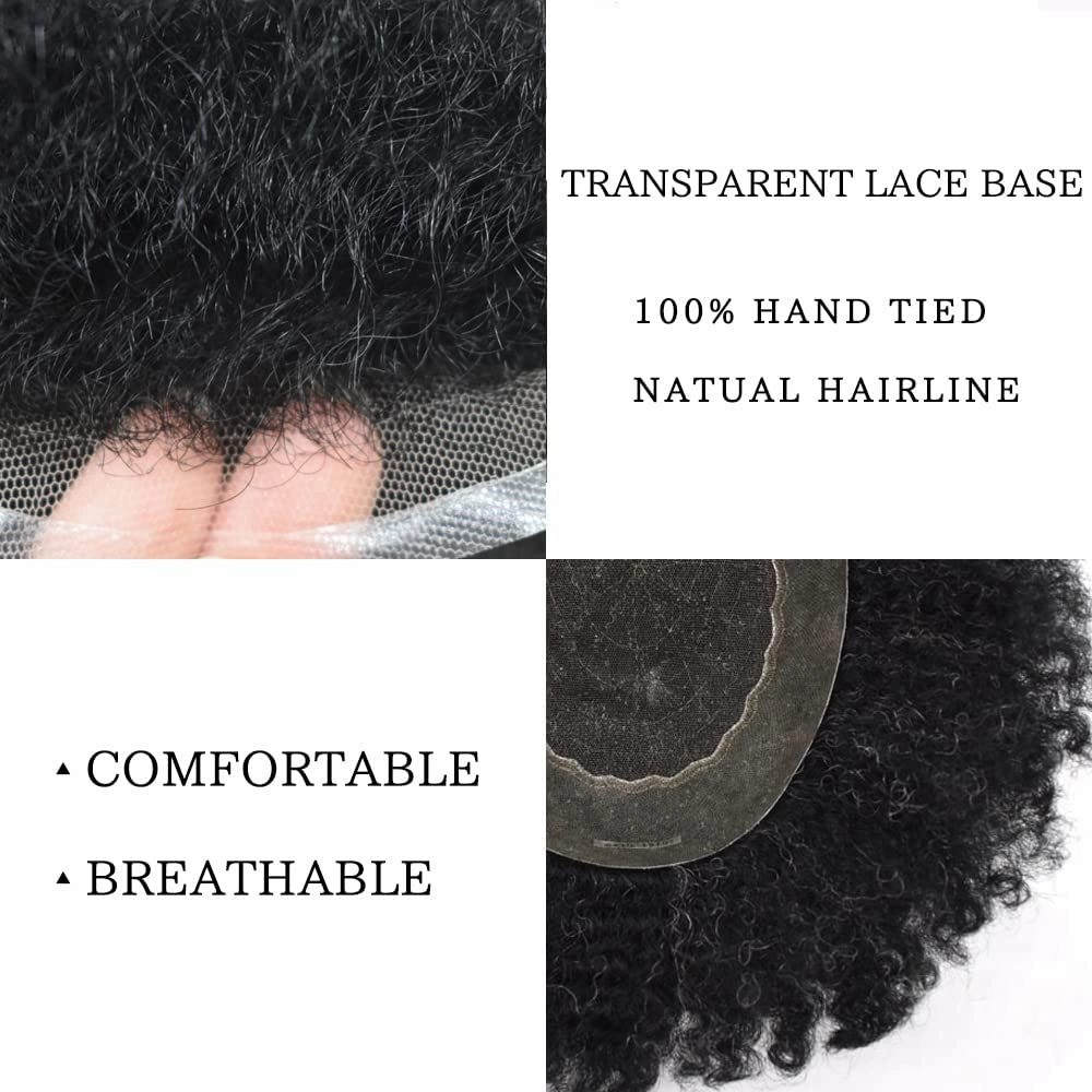 RESHE Afro Hair Unit for Black Men Afro Toupee Hair System for Black Men Brazilian Real Human Hair Toupee Transparent HD Lace Afro Hair Piece 8X10 6MM #1B10#1B OFF BLACK 10% GREY