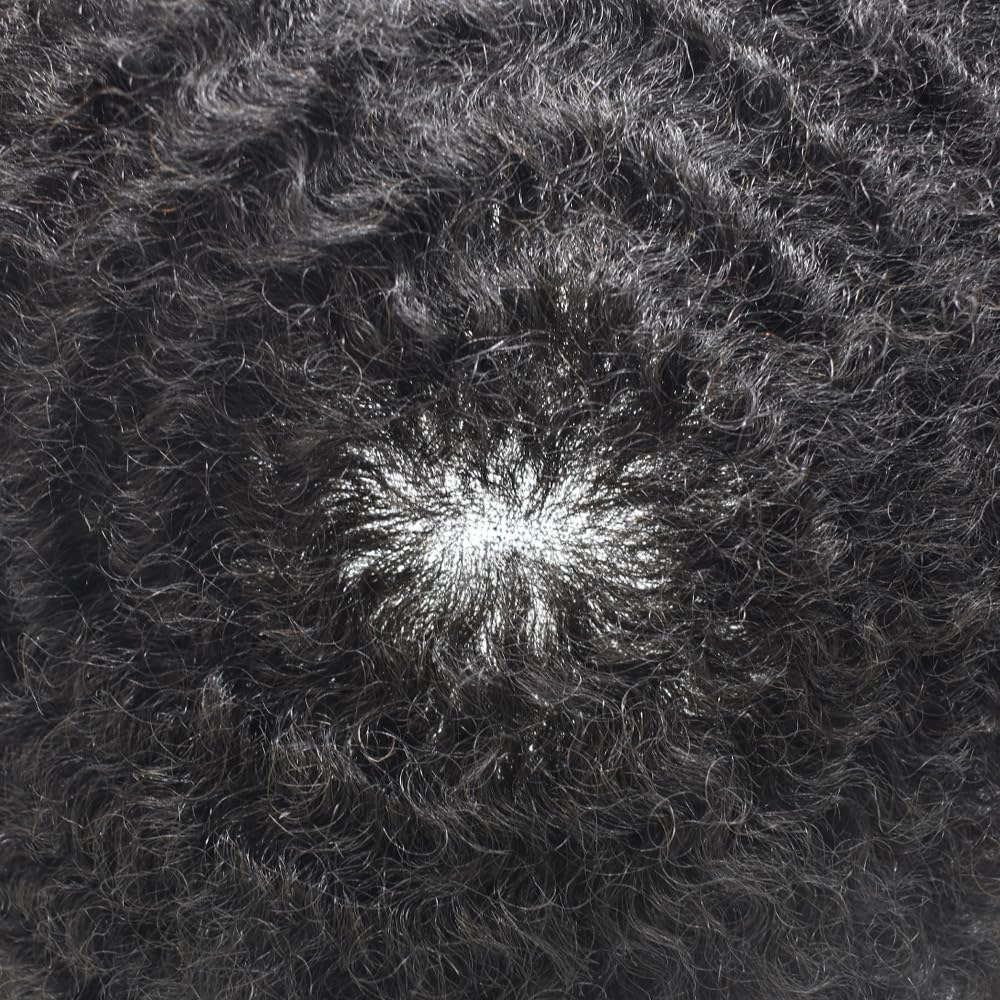 RESHE Afro Hair Unit for Black Men Afro Toupee Hair System for Black Men Brazilian Real Human Hair Toupee Transparent HD Lace Afro Hair Piece 8X10 6MM #1B10#1B OFF BLACK 10% GREY