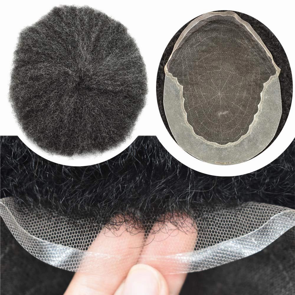 RESHE Afro Hair Unit for Black Men Afro Toupee Hair System for Black Men Brazilian Real Human Hair Toupee Transparent HD Lace Afro Hair Piece 8X10 6MM #1B10#1B OFF BLACK 10% GREY