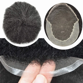 RESHE Afro Hair Unit for Black Men Afro Toupee Hair System for Black Men Brazilian Real Human Hair Toupee Transparent HD Lace Afro Hair Piece 8X10 6MM #1B10#1B OFF BLACK 10% GREY