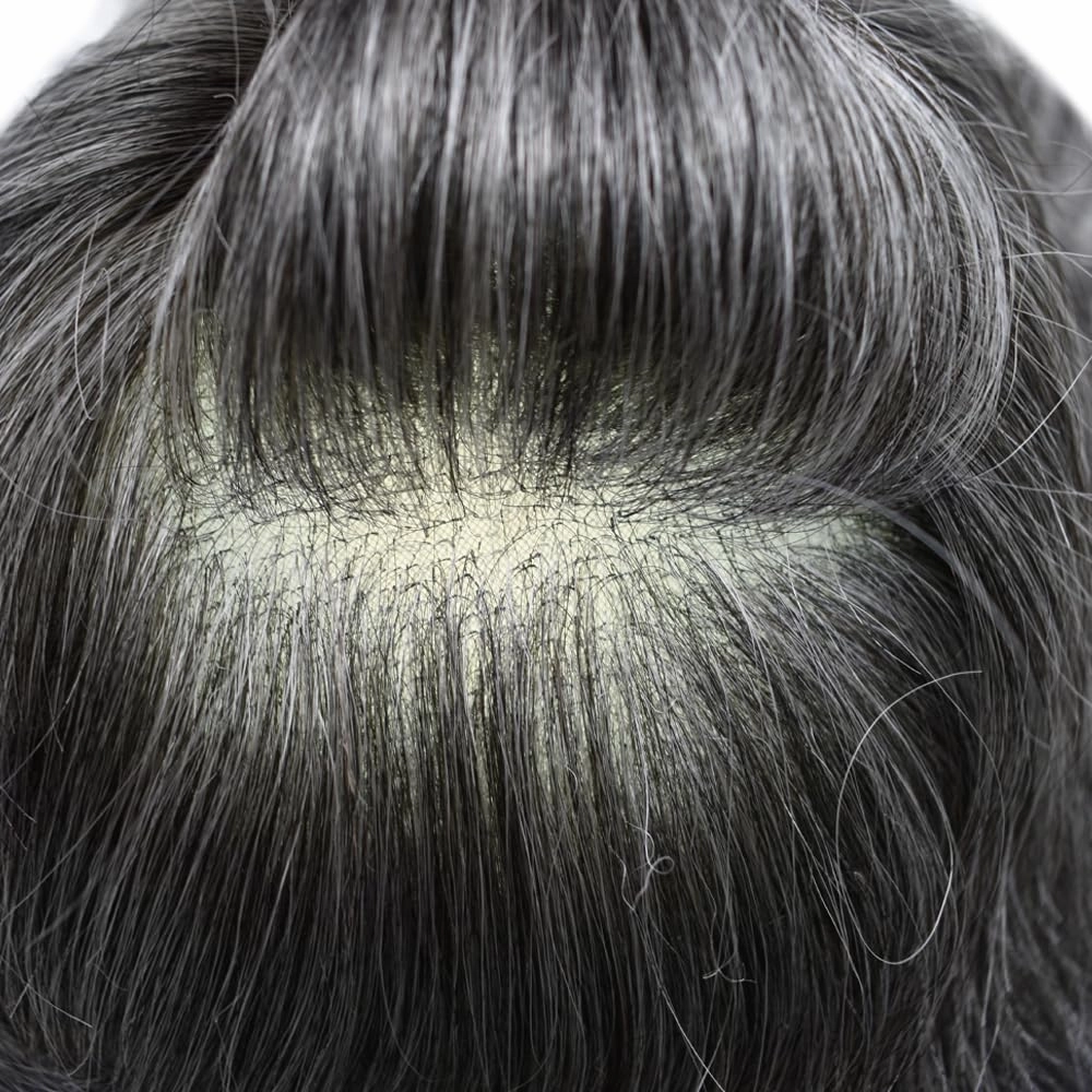 RESHE Hair System For Mens Toupee Human Hair Replacement System Durable Fine Welded Mono Lace Toupee for Men Hair Piece 8X10#1B50#1B Off Black 50% Grey 80% Density