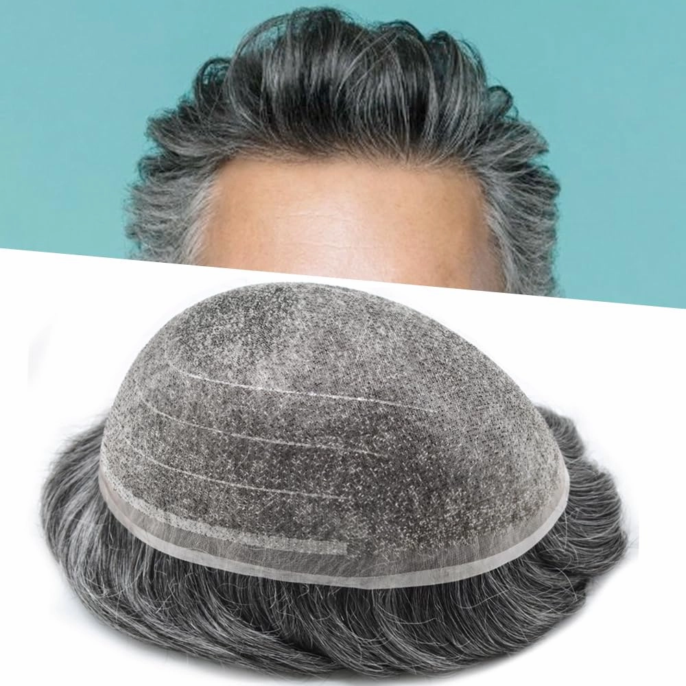RESHE Hair System For Mens Toupee Human Hair Replacement System Durable Fine Welded Mono Lace Toupee for Men Hair Piece 8X10#1B50#1B Off Black 50% Grey 80% Density