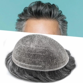 RESHE Hair System For Mens Toupee Human Hair Replacement System Durable Fine Welded Mono Lace Toupee for Men Hair Piece 8X10#1B50#1B Off Black 50% Grey 80% Density