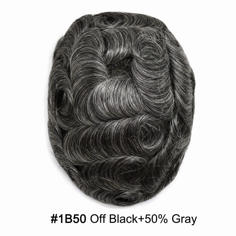RESHE Hair System For Mens Toupee Human Hair Replacement System Durable Fine Welded Mono Lace Toupee for Men Hair Piece 8X10#1B50#1B Off Black 50% Grey 80% Density