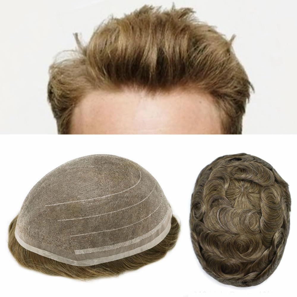 RESHE Lace Hair System for Men Hair Pieces Fine Welded Lace Toupee For Mens Human Hair Replacement Systems Toupee Hair for Men Hair Piece 8X10#610#6 Light Brown 10% Grey 80% Density
