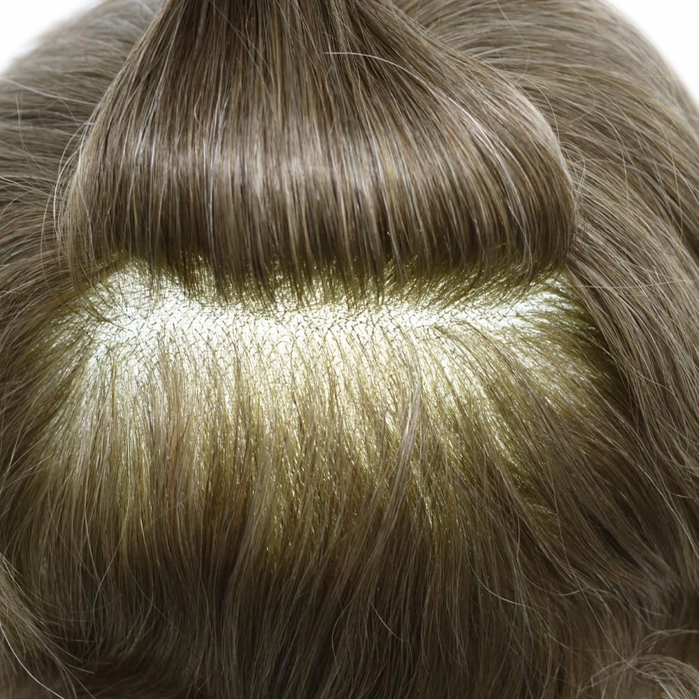 RESHE Lace Hair System for Men Hair Pieces Fine Welded Lace Toupee For Mens Human Hair Replacement Systems Toupee Hair for Men Hair Piece 8X10#610#6 Light Brown 10% Grey 80% Density