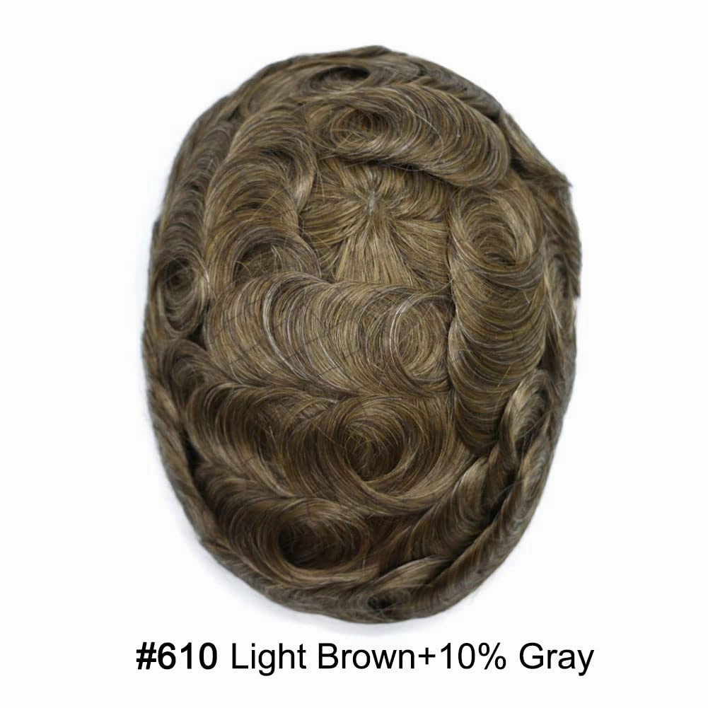 RESHE Lace Hair System for Men Hair Pieces Fine Welded Lace Toupee For Mens Human Hair Replacement Systems Toupee Hair for Men Hair Piece 8X10#610#6 Light Brown 10% Grey 80% Density