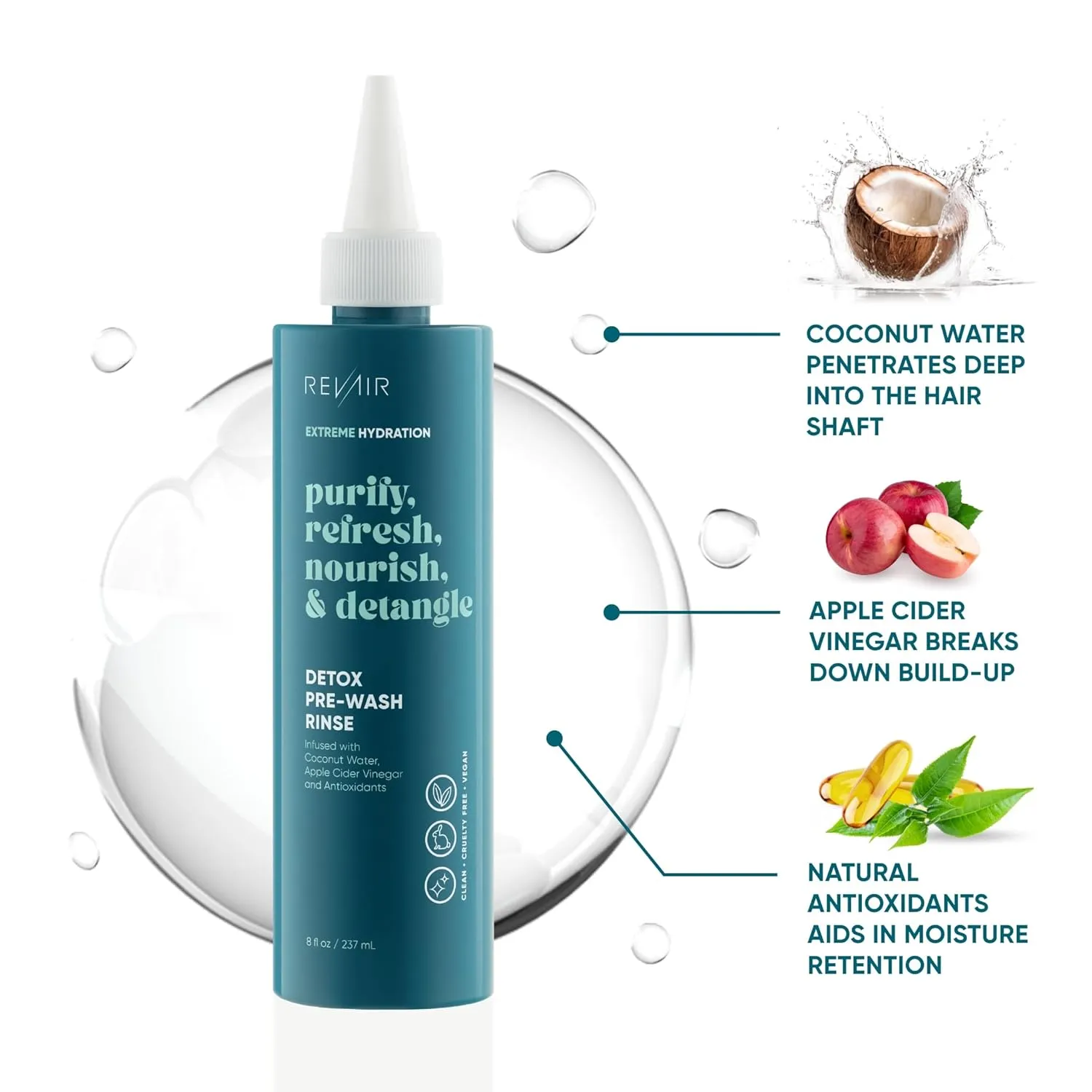 REVAIR Detox Pre-Wash Apple Cider Vinegar Hair Rinse - Pre Shampoo Treatment for Hair - Remove Build-Up & Revive Curly/Coily Strands - Coconut Water Scalp Cleanser - Vegan & Cruelty Free (8 Fl Oz)