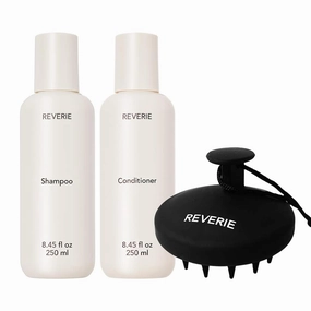 REVERIE - Balancing Shampoo, Nourising Conditioner   Buff Massaging Scalp Brush Bundle | Sulfate-Free, Silicone-Free, Color-Safe, Clean Hair Care (8 fl oz | 250 ml)
