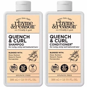 Rhyme & Reason Quench and Curl Shampoo Conditioner Set. 13 Fl Oz Bottles. For Curly, Coily, Textured Hair. Blended with Shea Butter, Desert Peach Ceramides. Vegan, Sulfate Cruelty Free.
