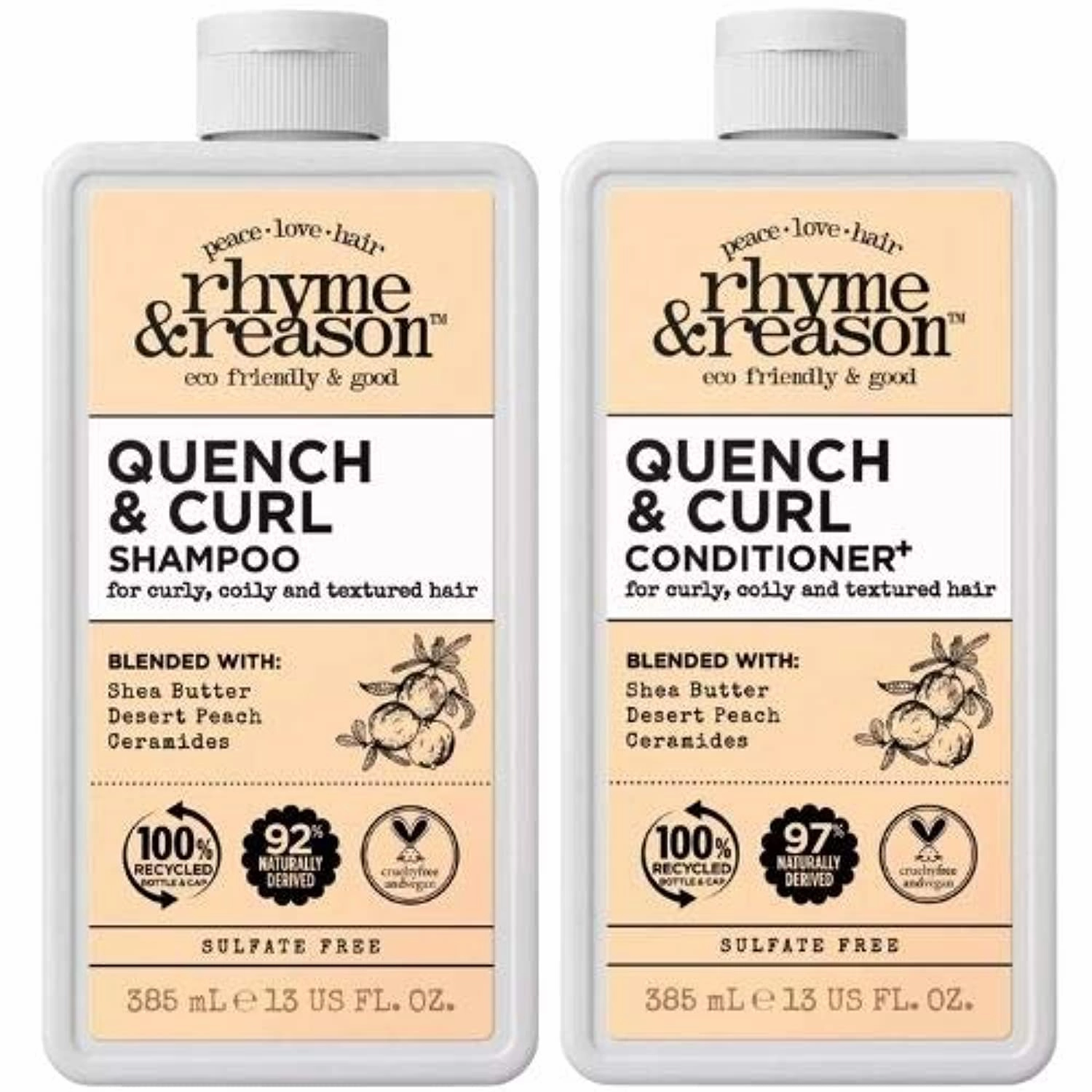 Rhyme & Reason Quench and Curl Shampoo Conditioner Set. 13 Fl Oz Bottles. For Curly, Coily, Textured Hair. Blended with Shea Butter, Desert Peach Ceramides. Vegan, Sulfate Cruelty Free.