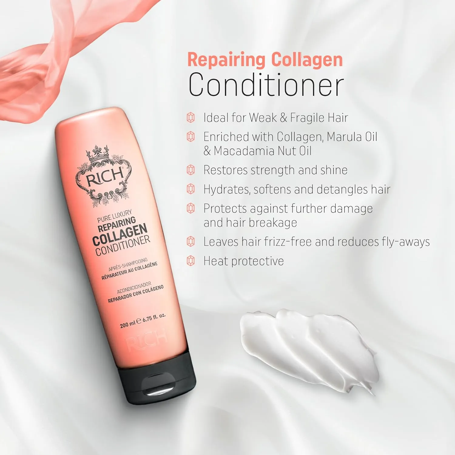 RICH Pure Luxury Repairing Collagen Conditioner for Dry & Damaged Hair - Deep Conditioning & Moisturizing Hair Repair Treatment - Hair Proteins, Collagen, Marula Oil & Macadamia Nut Oil - 6.75 Oz