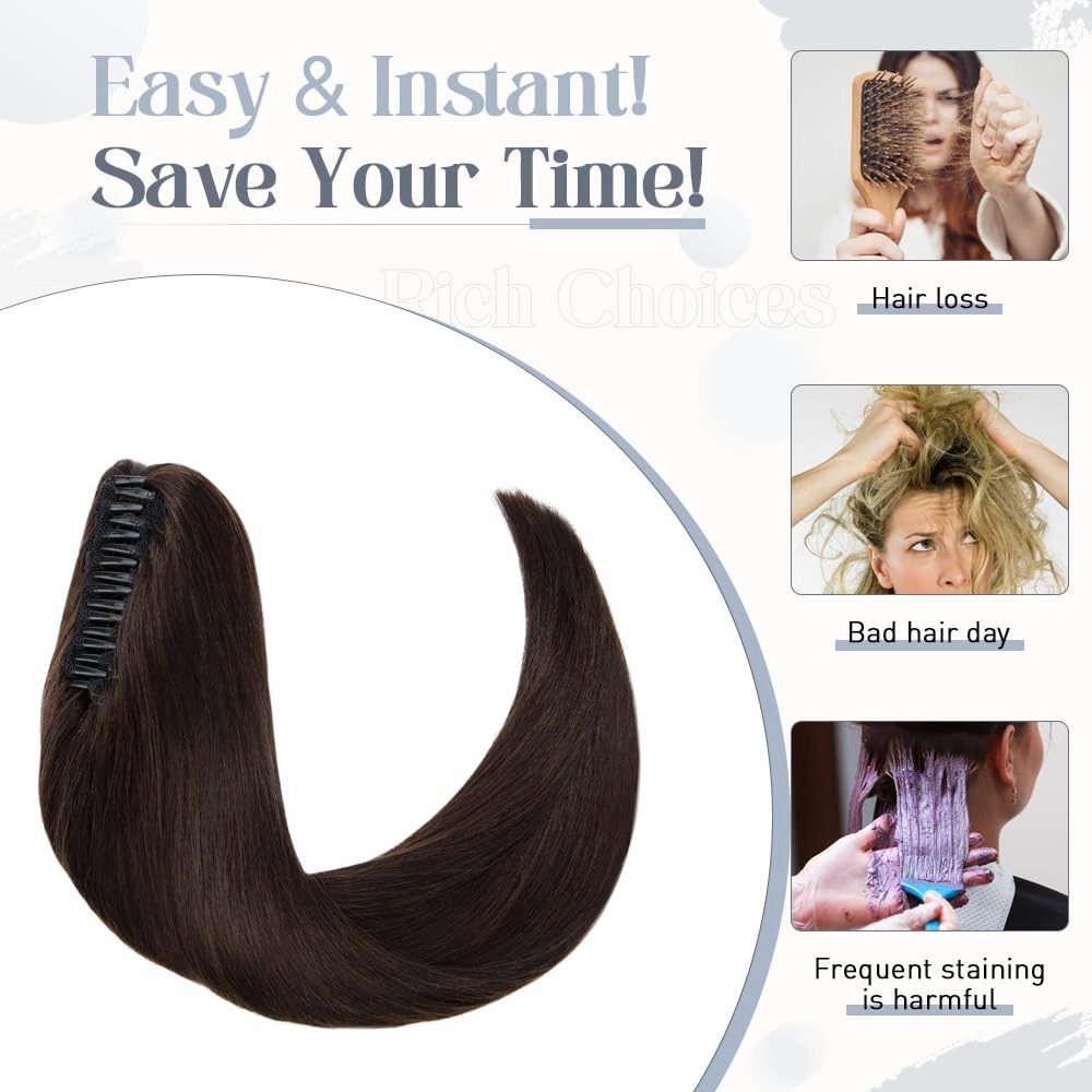 Rich Choices Claw Clip Ponytail Extension Human Hair #2 Dark Brown Real Hair Ponytail Extension Balayage 14 Inch Clip In Long Ponytail Hair Extensions Straight For Women 105g One Piece