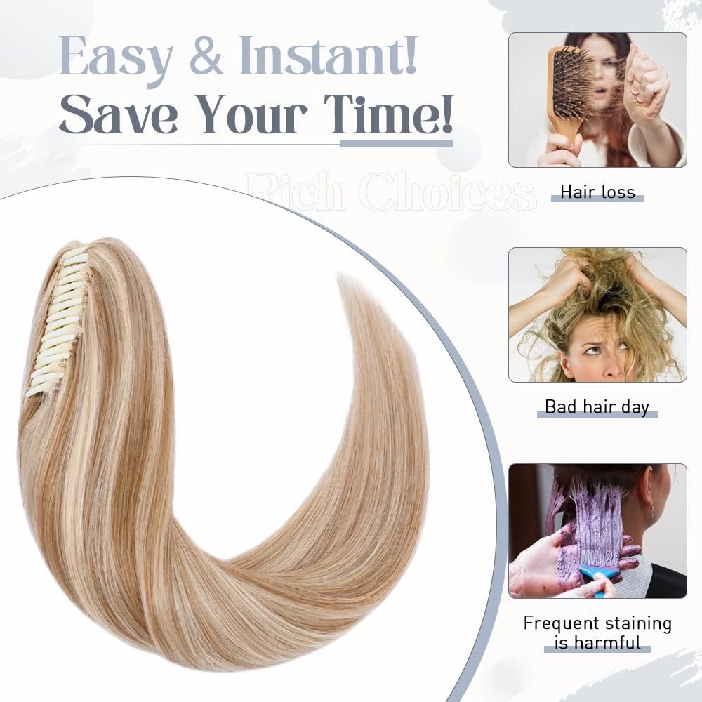 Rich Choices Claw Clip Ponytail Extension Human Hair Real Hair Ponytail Balayage Golden Brown Highlighted Bleach Blonde 14 Inch 105g One Piece Clip In Long Ponytail Hair Extension For Women #12P613