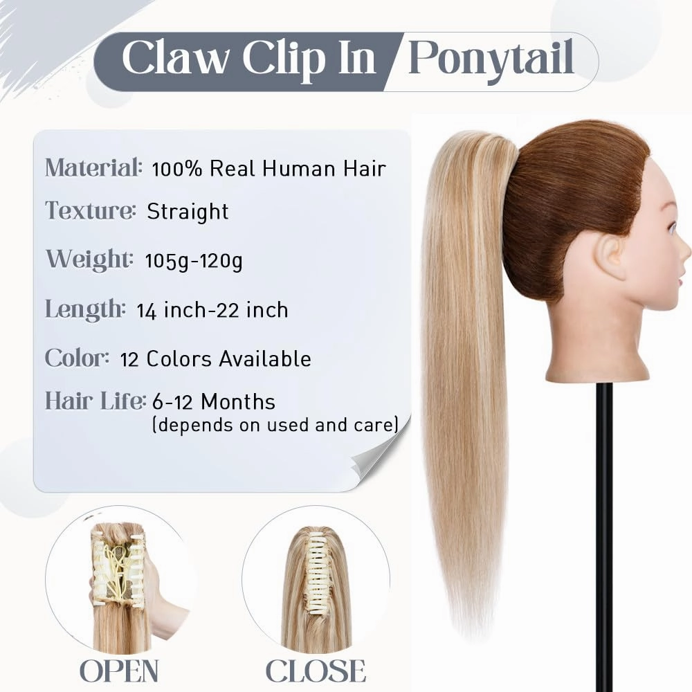 Rich Choices Claw Clip Ponytail Extension Human Hair Real Hair Ponytail Balayage Golden Brown Highlighted Bleach Blonde 14 Inch 105g One Piece Clip In Long Ponytail Hair Extension For Women #12P613