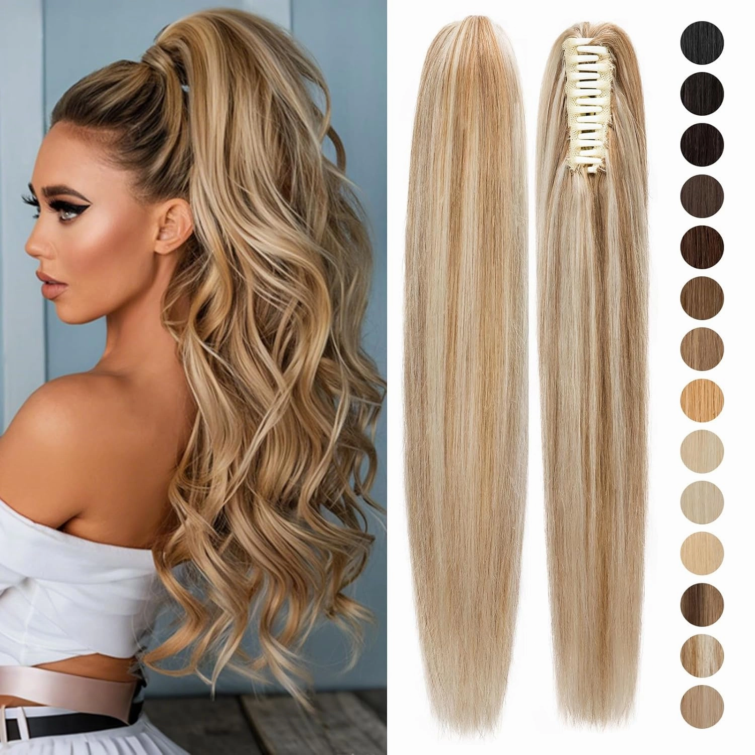Rich Choices Claw Clip Ponytail Extension Human Hair Real Hair Ponytail Balayage Golden Brown Highlighted Bleach Blonde 14 Inch 105g One Piece Clip In Long Ponytail Hair Extension For Women #12P613